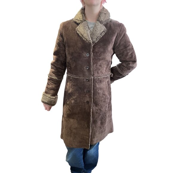 Y2K Brown Suede Penny Lane Coat Faux Sherpa Lining Fur Collar & Cuffs - Picture 10 of 12
